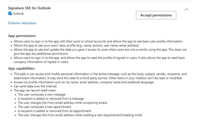Deployment page prompting to accept required permissions for Signature 365 add-in