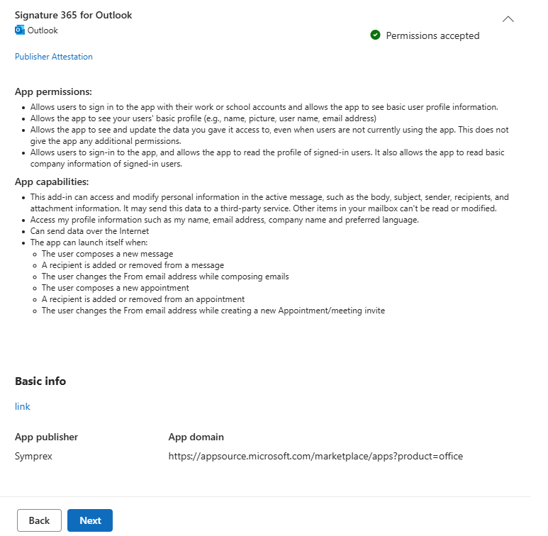 Deployment page showing Permissions accepted with Next button active
