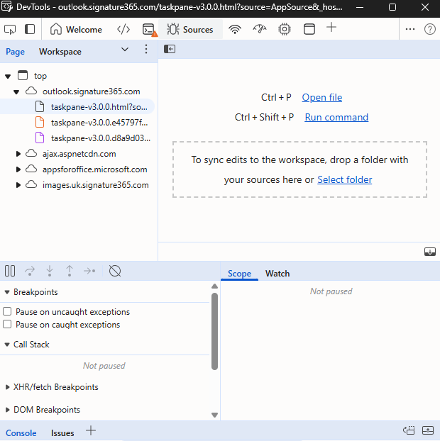 Outlook DevTools debug window opened for the Signature 365 add-in