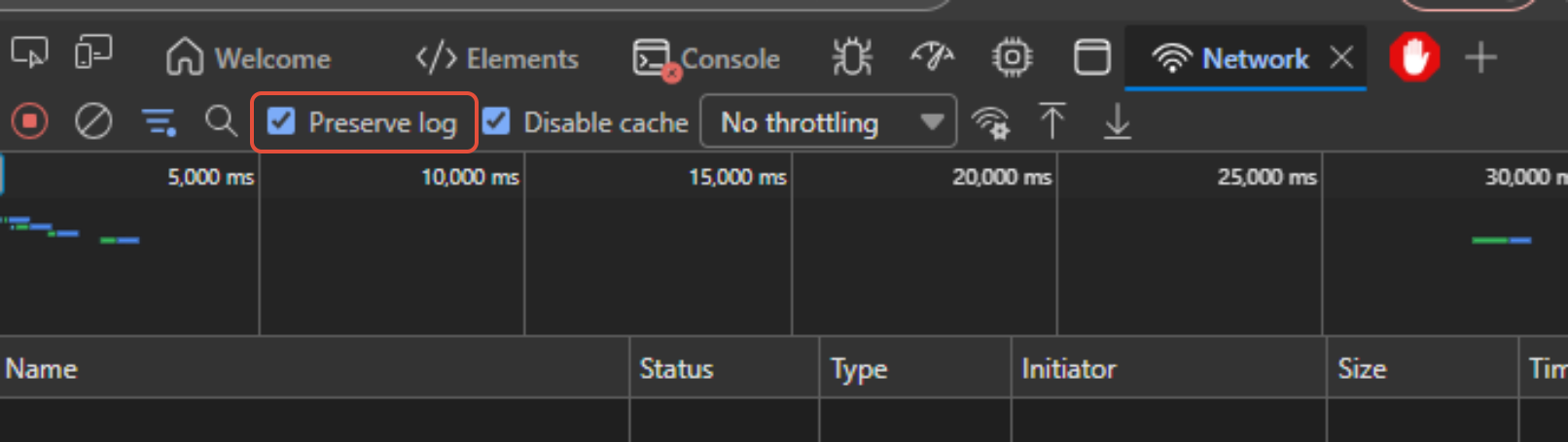 Edge DevTools Network tab with the Preserve log checkbox highlighted