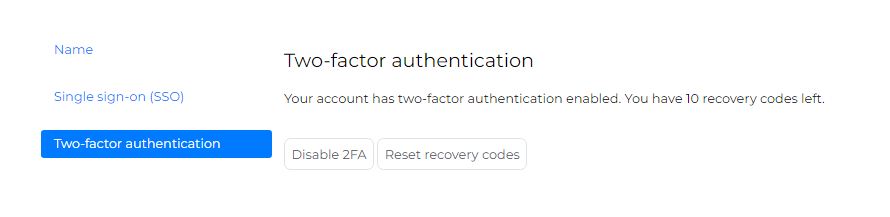Manage page showing Two-factor authentication is enabled and can be disabled from this option