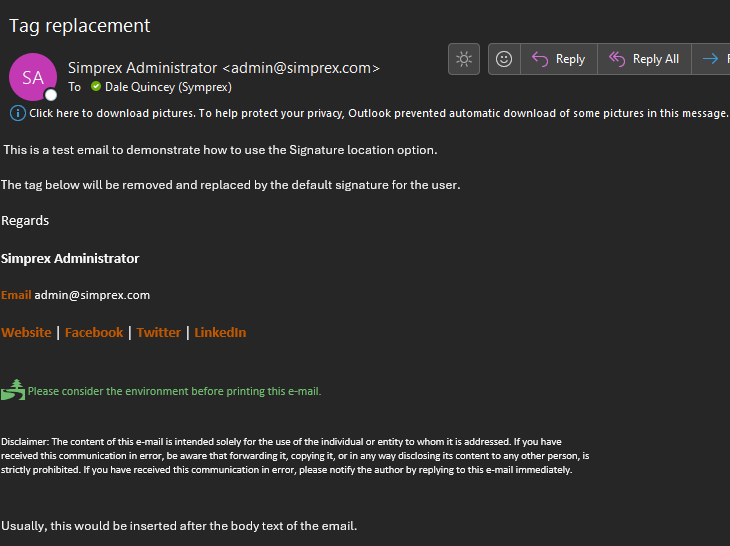 Email with signature inserted at the location specified by the placeholder tag